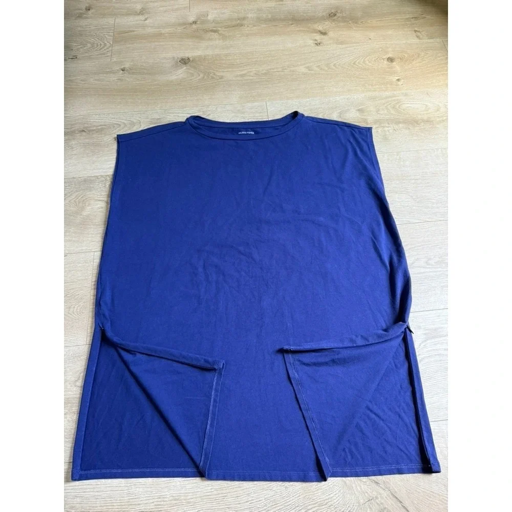 EUC Eileen Fisher short sleeve‎ organic tunic blue stretch side zippers size L